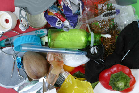 Multicolor separation on waste concept: not separated plastic, metal,organic, mixed waste, paper
