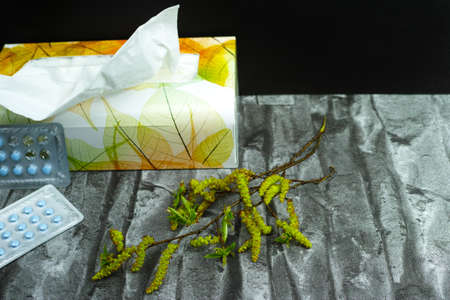 Flu, fever and allergy relief concept, seasonal allergens - pollen and paper tissues, copy space