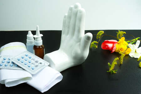 Stop allergy concept, seasonal pollen and blossom allergy, medication and tissues, copy space