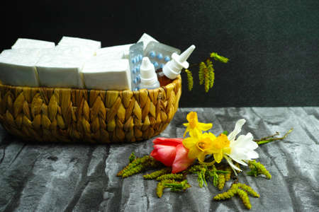 Allergy relief concept, seasonal allergens - pollen and flowers, copy spaceの写真素材