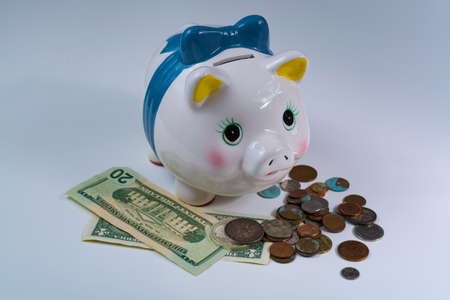 Piggy bank, US dollars and coins -  business concept isolated on white backgroundの写真素材