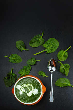 Fresh green spinach soup, cooking concept on black backgroundの写真素材
