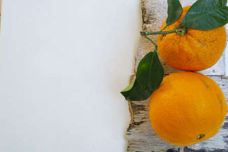 Fresh oranges with leaves on rustic wooden background copy spaceの写真素材