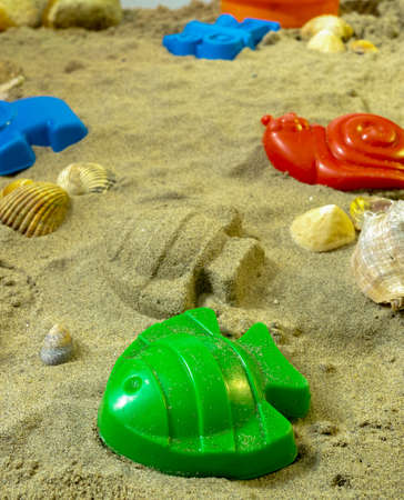 Beach toys in the sand with shells