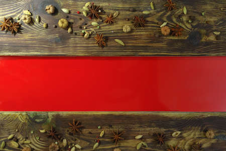 Colorful food background  - chickpea and spices on textured wooden table top copy spaceの写真素材