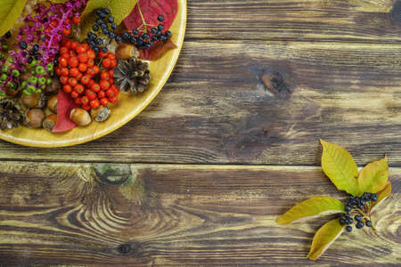 Autumn restaurant menu free text copy space with forest berries and cutlery on wooden backgroundの写真素材