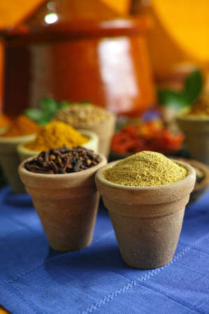 Collection of different spices in old clay bowls in colorful oriental styleの写真素材