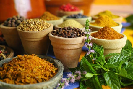 Collection of different spices in old clay bowls in colorful oriental styleの写真素材
