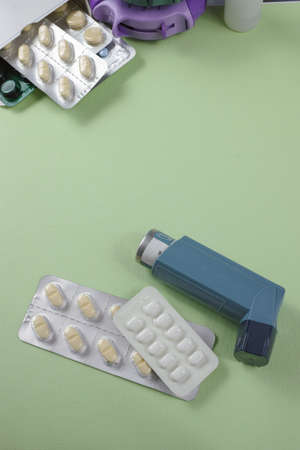 Asthma, allergie, illness relief concept, salbutamol inhalers, aerosol medication, drugs, copy spaceの写真素材