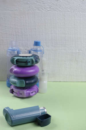 Asthma, allergie, illness relief concept, salbutamol inhalers, aerosol medication