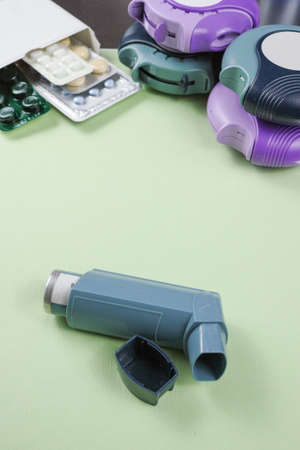 Asthma, allergie, illness relief concept, salbutamol inhalers, aerosol medication, drugs, copy spaceの写真素材