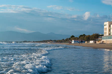Beautiful View of seascape, sunset in the winter in Italyの写真素材