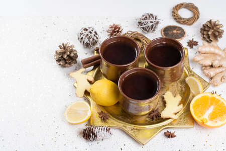 Chtistmas winter tea with ginger, anise, sugar, cinnamon - holidays conceptの写真素材