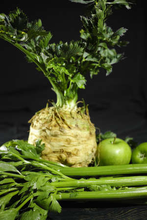 Celery, celery root - celeriac and green apples, fresh healthy vegetables, diet and fitnessの写真素材
