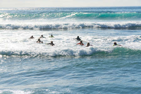 Surf school - several surfboarding students headed into an ocean swell on Tenerife, Spain