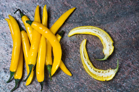 Yellow mexican hot chili peppers top viewの写真素材