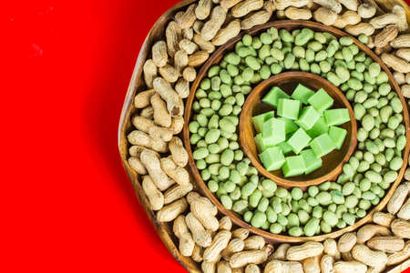Big party green wasabi peanuts, unshelled peanuts and wasabi cheese mix in oriental styleの写真素材