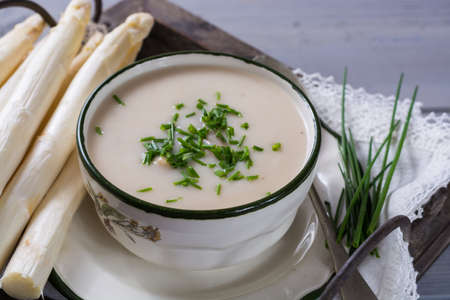 Spring season - white and green asparagus cream- soup, ready to eatの写真素材