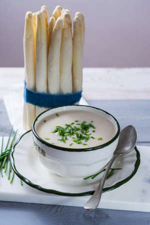 Spring season - white and green asparagus cream- soup, ready to eatの写真素材
