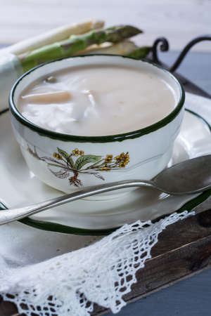 Spring season - white and green asparagus cream- soup, ready to eatの写真素材