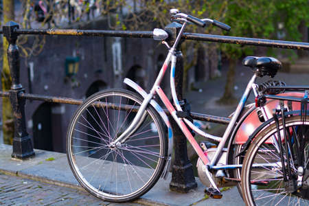 The bicycle stands on the bridgeの写真素材