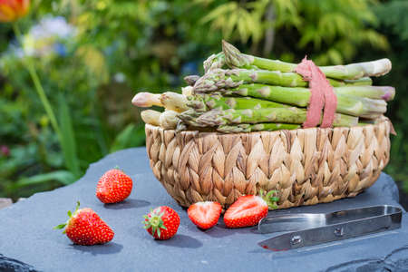 Spring season - fresh organic white and green asparagus, red strawberryの写真素材