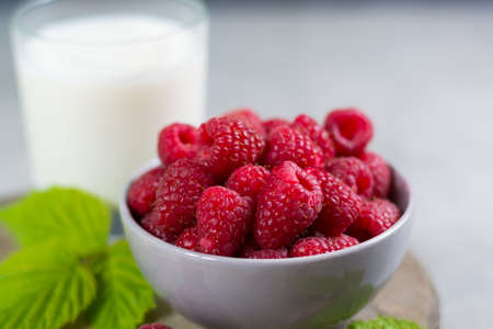 Fresh cow milk and ripe organic raspberry with leaves on grey background copy spaceの写真素材