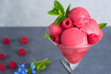 Raspberry ice cream sorbet in high glass with spoon, raspberry, mint leaves  copy spaceの写真素材