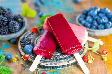 Fresh summer wild blueberries and  brambleberry, home made sorbet ice creamの写真素材