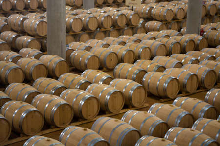 Wine barrels stacked in the cellar of the winery, Marsala, Sicily