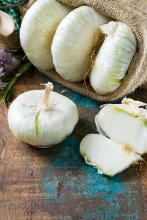 Giant white sweet onions of Sicilyの写真素材
