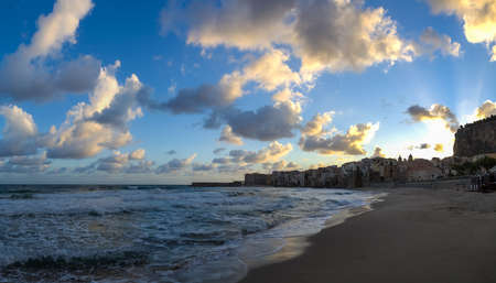 Touristic and vacation pearl of Sicily, small town of Cefalu at sunrise, Sicily, south Italy, sea viewの写真素材
