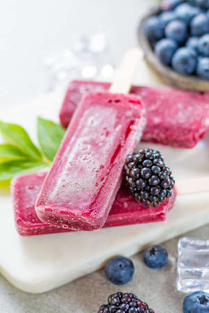 Fresh summer wild blueberries and  brambleberry, home made sorbet ice cream popsicles.の写真素材