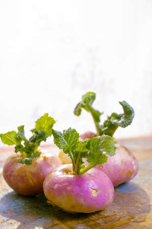 Fresh white and purple turnips with stems and green leaves on wooden tableの写真素材