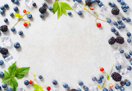 Fresh summer wild blueberries and  brambleberry, strawberry and ice cubesの写真素材