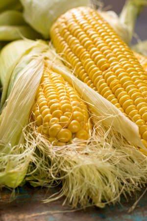 Fresh yellow ripe sweet raw corn on rustic wooden table, closeupの写真素材
