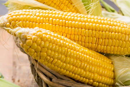 Fresh yellow ripe sweet raw corn on rustic wooden table, closeupの写真素材