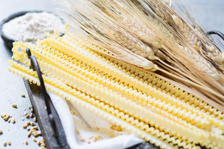 Organic ingredients for pasta preparation - flour from hard wheat grano duro, wheat ears and dried pastaの写真素材