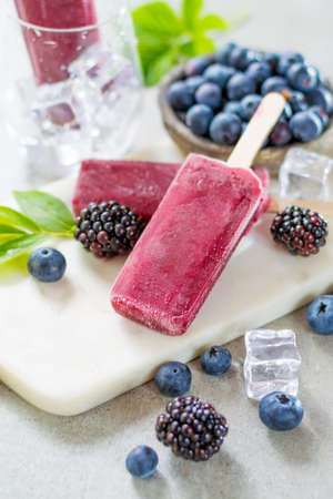 Fresh summer wild blueberries and  bramble berry, home made sorbet ice cream popsicle.の写真素材