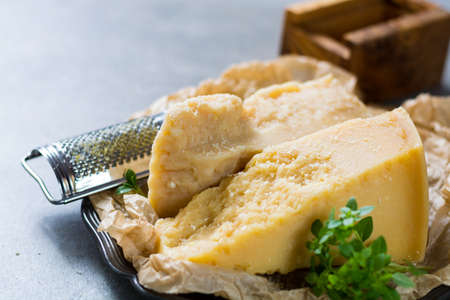 Traditional Italian hard cheese Parmesan and Grana Padano with grater and fresh basil on wrapperの写真素材
