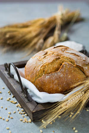 Freshly baked traditional wheat bread and wheat ears on white linen napkinの写真素材
