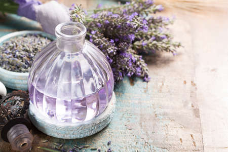 Nature cosmetics, handmade preparation of essential oils, parfums, creams, soaps from fresh and dried lavender flowers, French artisanal boutique home styleの写真素材