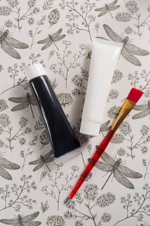 Colours in design, black and white  - home or office interieur design concept, tubes with acrylic paint and red brush, top viewの写真素材