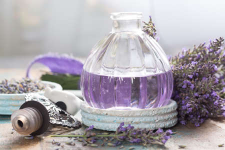Nature cosmetics, handmade preparation of essential oils, parfums, creams, soaps from fresh and dried lavender flowers, French artisanal boutique home styleの写真素材