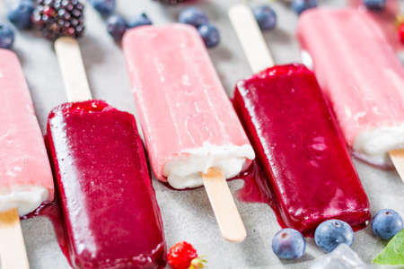 Fresh summer wild blueberries and  brambleberry, strawberry and home made ice cream popsicles.の写真素材
