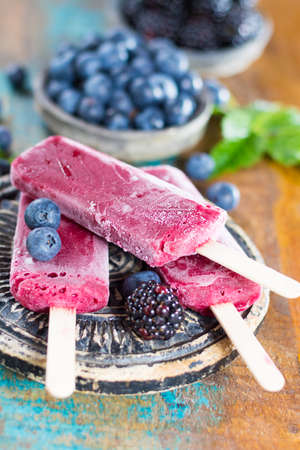 Fresh summer wild blueberries and  brambleberry, home made sorbet ice cream popsicles.の写真素材