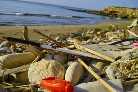 Great environmental and ecological problem, plastic waste and rubbish in world ocean water and on the beach,の写真素材