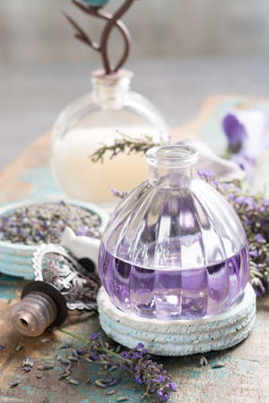 Nature cosmetics, handmade preparation of essential oils, parfums, creams, soaps from fresh and dried lavender flowers, French artisanal boutique home styleの写真素材