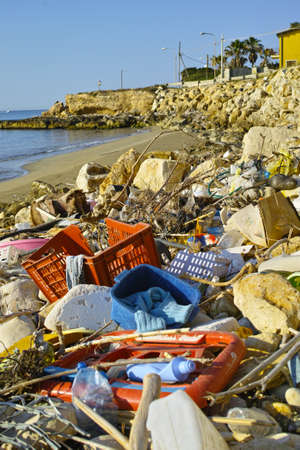 Great environmental and ecological problem, plastic waste and rubbish in world ocean water and on the beach,の写真素材