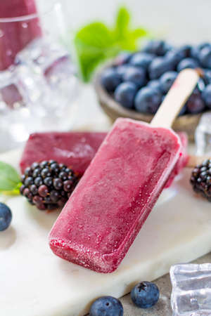 Fresh summer wild blueberries and  brambleberry, home made sorbet ice cream popsicles.の写真素材